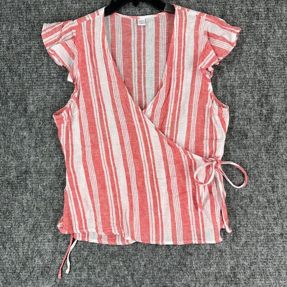 Old Navy Shirt Womens Large Red Wrap Chambray Basic Cotton Linen Striped Cropped - Picture 1 of 12
